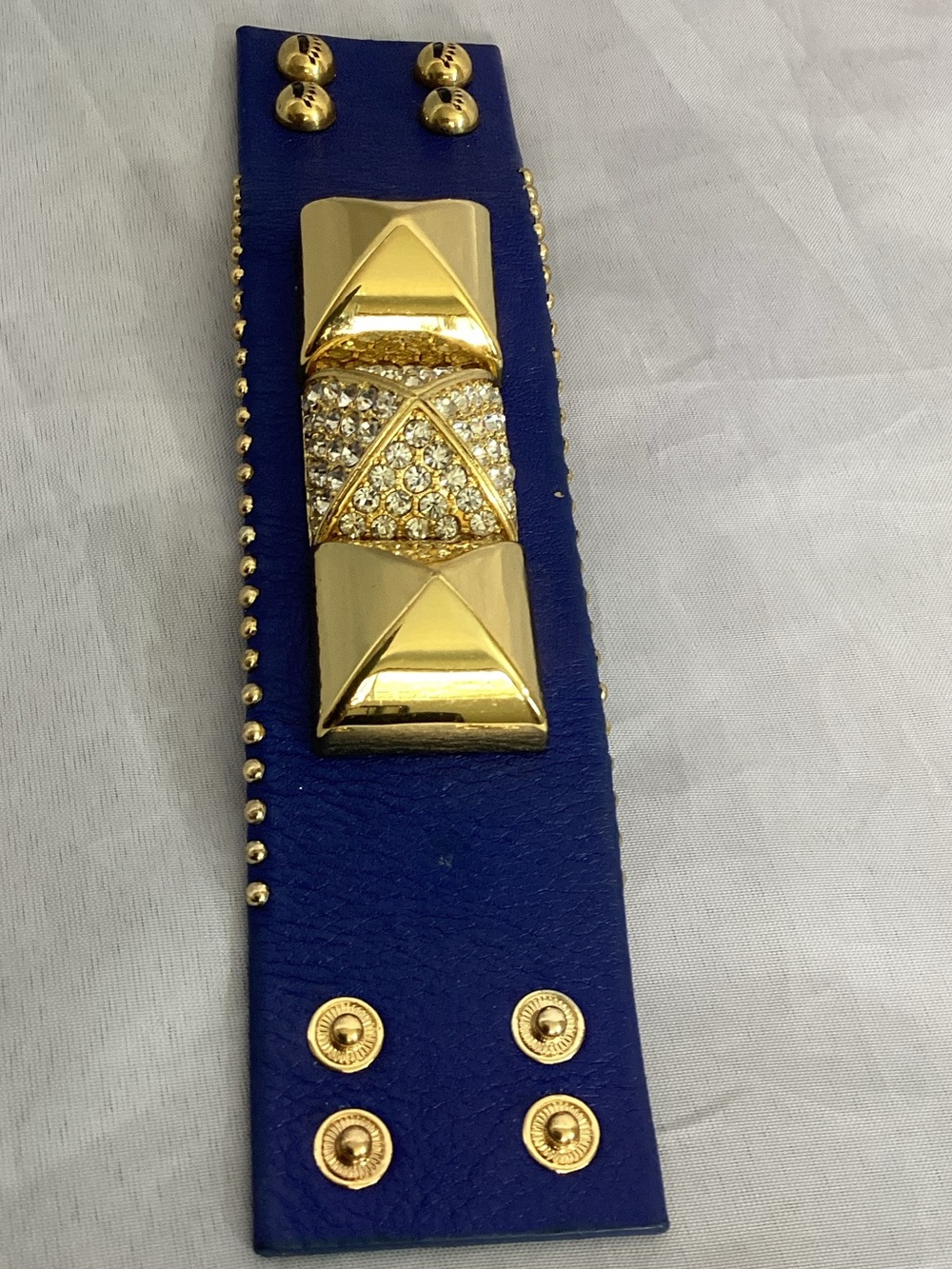Juicy couture Gold Pyramid & Crystal Accent Blue Leather Cuff Bracelet